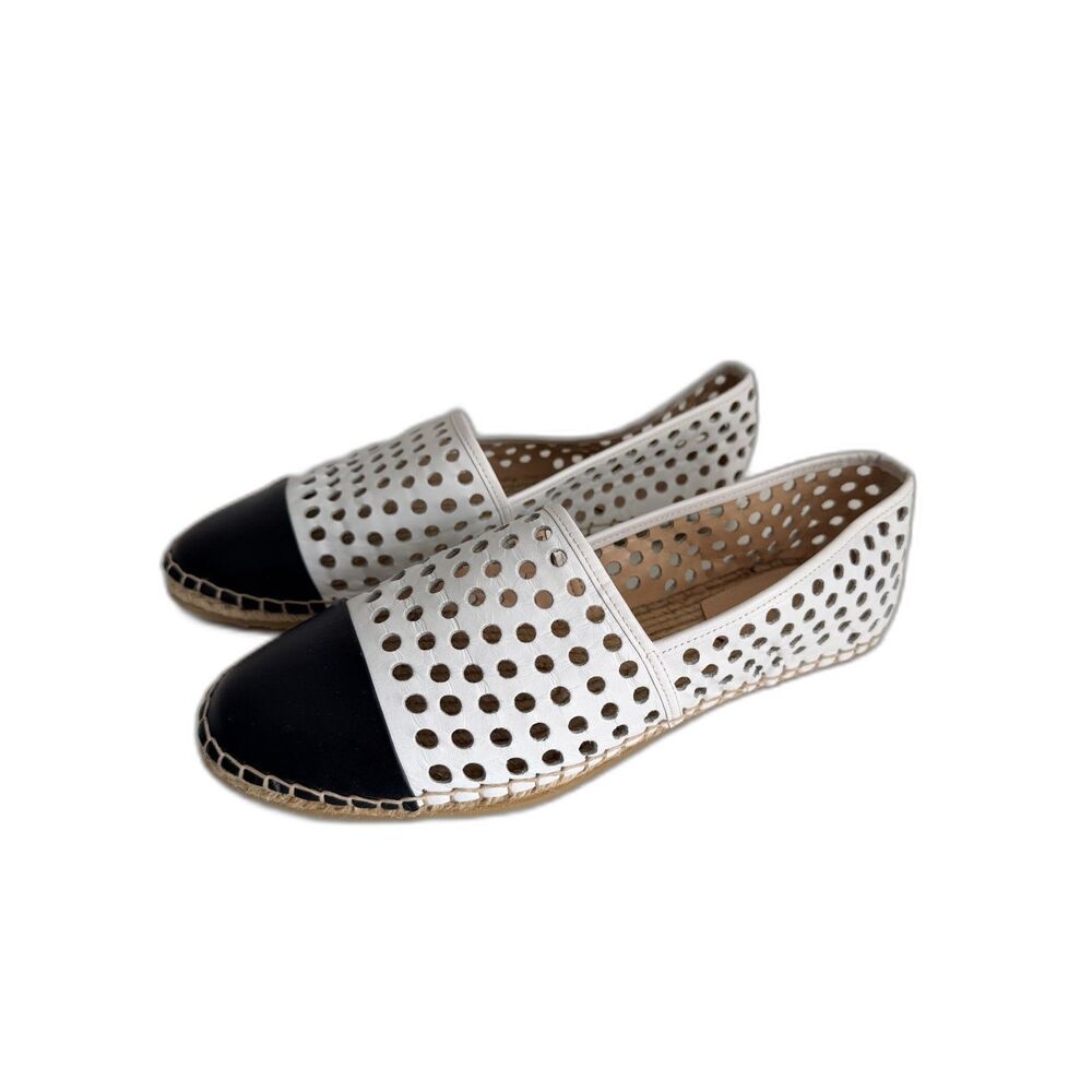 Loeffler Randall Mariko Espadrilles 8.5 White Perforated Leather Black Cap Toe